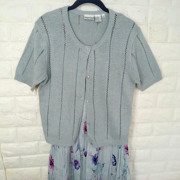 Vintage 90s 2-pc Set Floral Tank Dress & Cardigan Sweater Knit Linen Cotton M/L - Picture 5 of 15